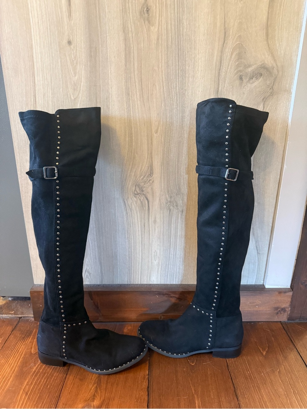 Women's Black Over-the-Knee Studded Boots with Buckle